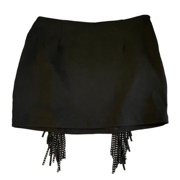 Black Faux Suede Western Mini Skirt Metallic Beaded Fringe Cowgirl Rocker Sz L - Picture 2 of 12